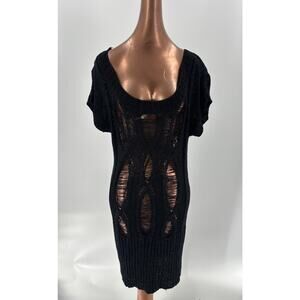 Baby Phat Mini Dress Womens 1X Black Distressed Y2K Logo Chain Pullover Knit